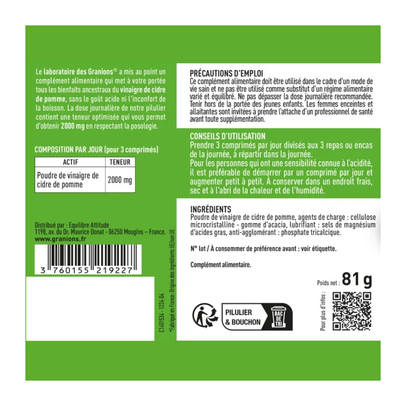 Granions Vinaigre de cidre de pomme 2000mg Comprimés - Paramarket.com